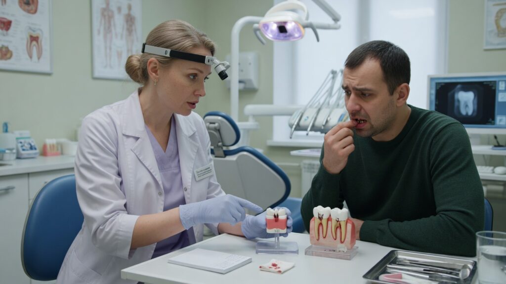 Стоматолог обсуждает с пациентом варианты после выбитого переднего зуба