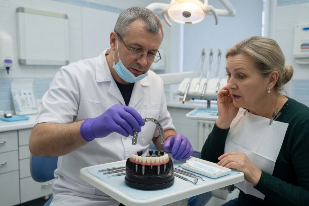 Врач показывает металлический каркас All-on на модели пациентке