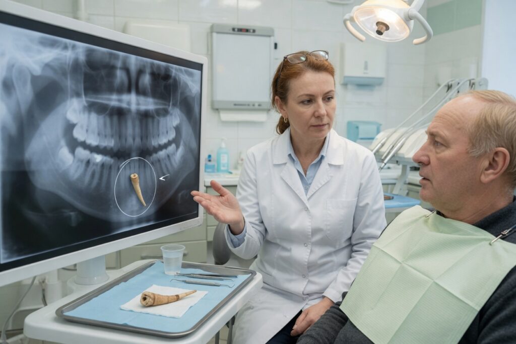 Стоматолог объясняет на снимке остаток корня пациенту, на лотке фрагмент клинического размера