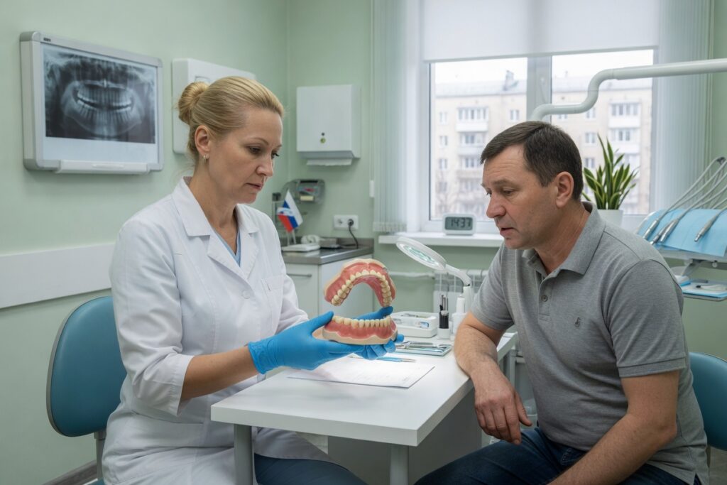 Врач показывает временную дугу All-on пациенту на консультации