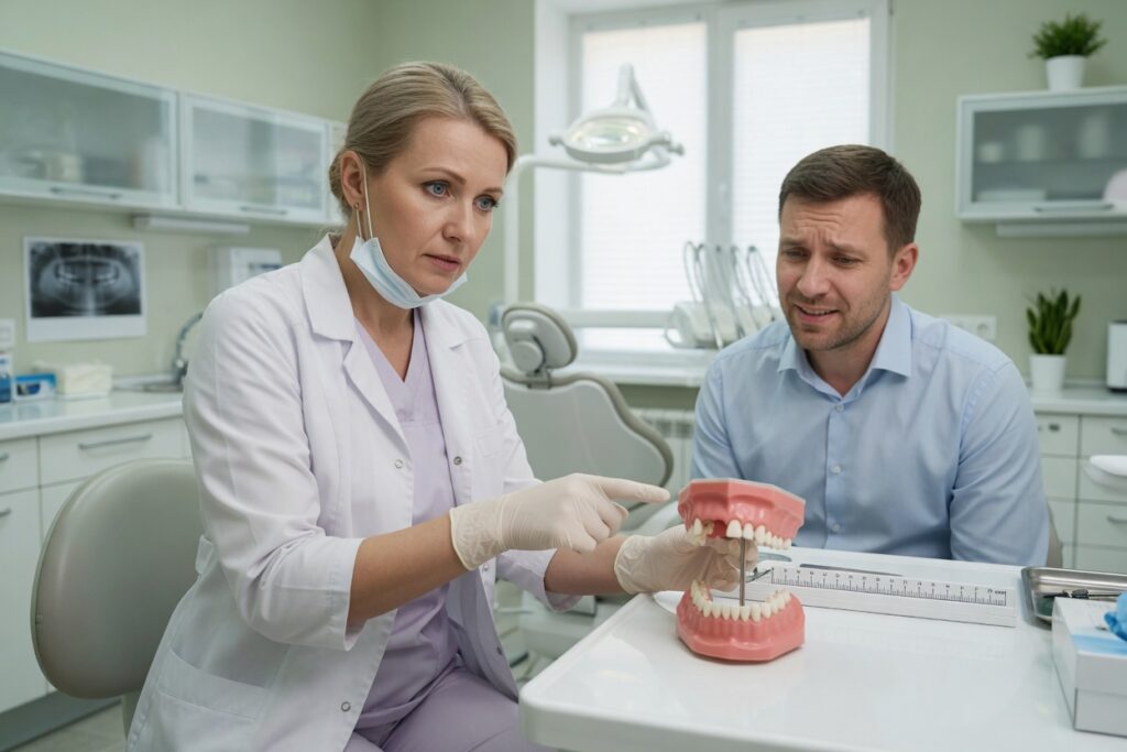 Стоматолог показывает отсутствие верхней единички и клыка