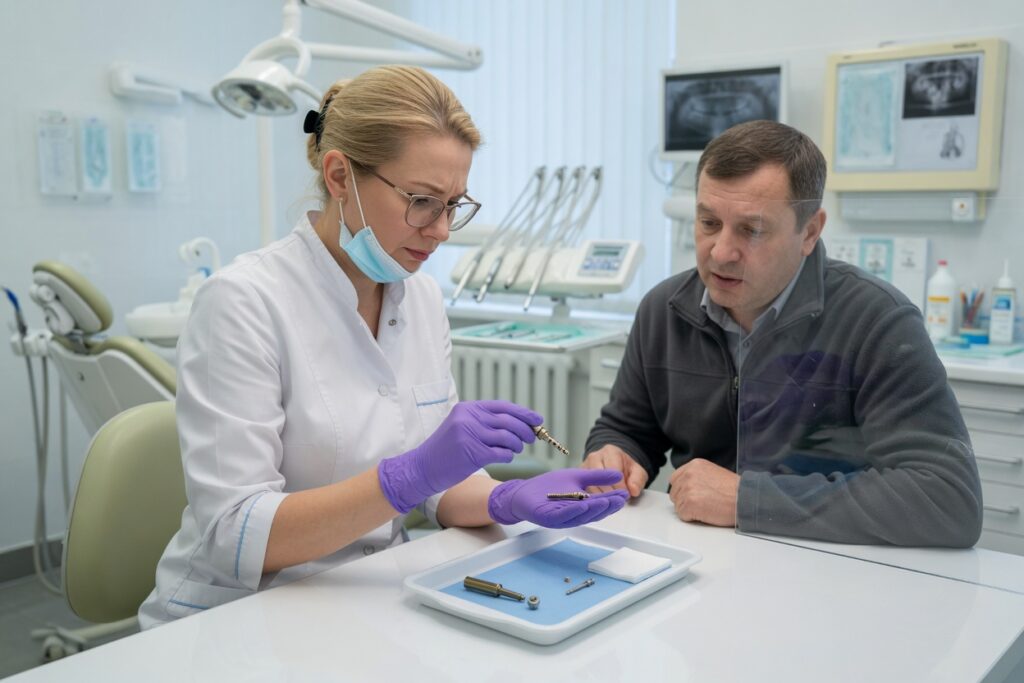Стоматолог показывает multi-unit и винт пациенту