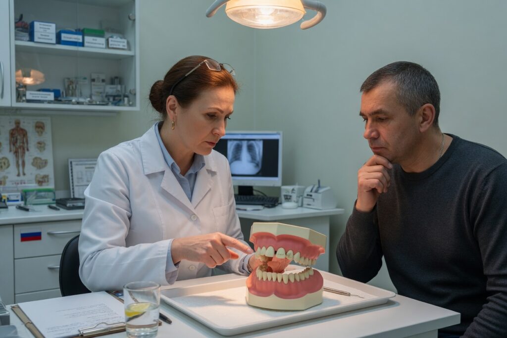 Стоматолог показывает дефекты премоляров снизу на модели