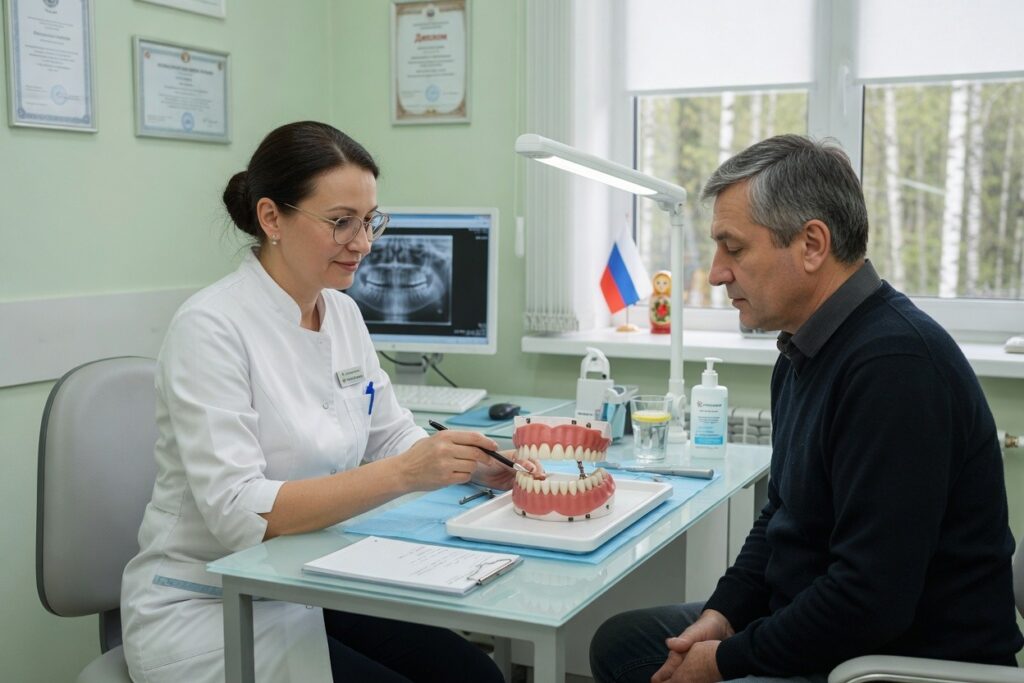 Стоматолог показывает число единиц на модели All-on пациенту