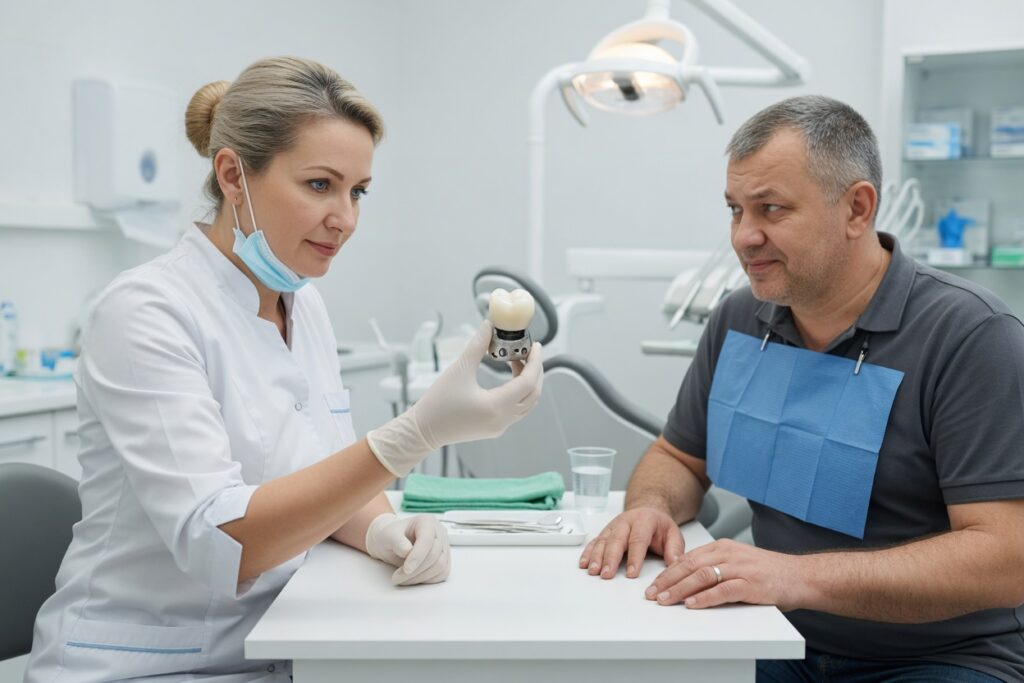 Стоматолог показывает пациенту коронку, которая отклеилась