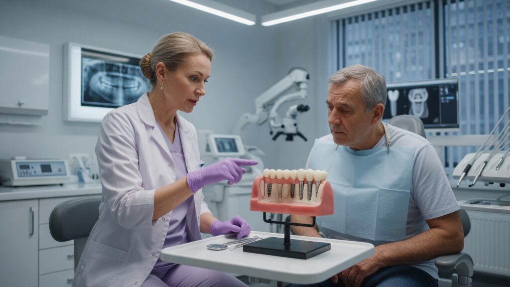 Врач показывает на модели full-arch дистальную зону и опоры протеза