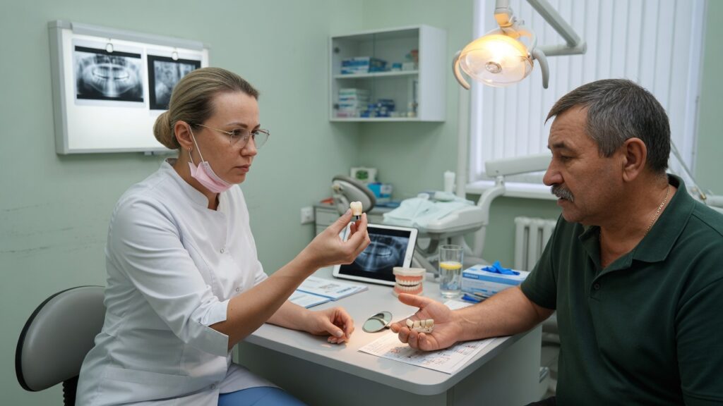 Врач обсуждает с пациентом повторно слетевшую коронку