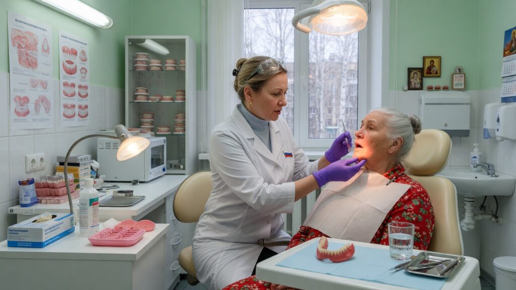 Стоматолог осматривает слизистую пожилой пациентки со съёмным протезом