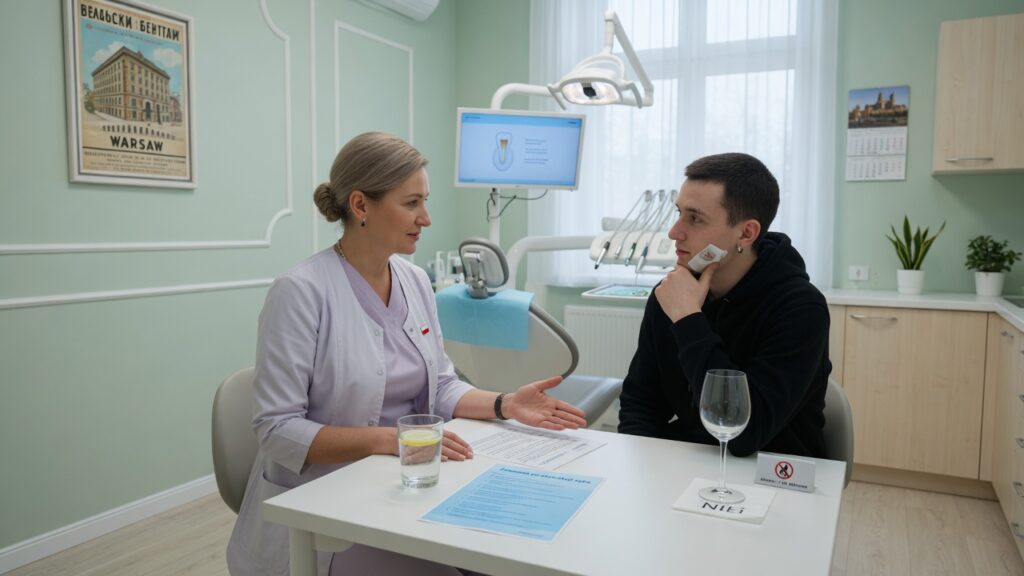 Стоматолог объясняет пациенту после удаления, почему нельзя алкоголь
