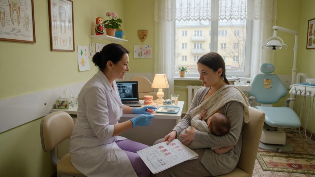 Стоматолог консультирует кормящую маму с младенцем