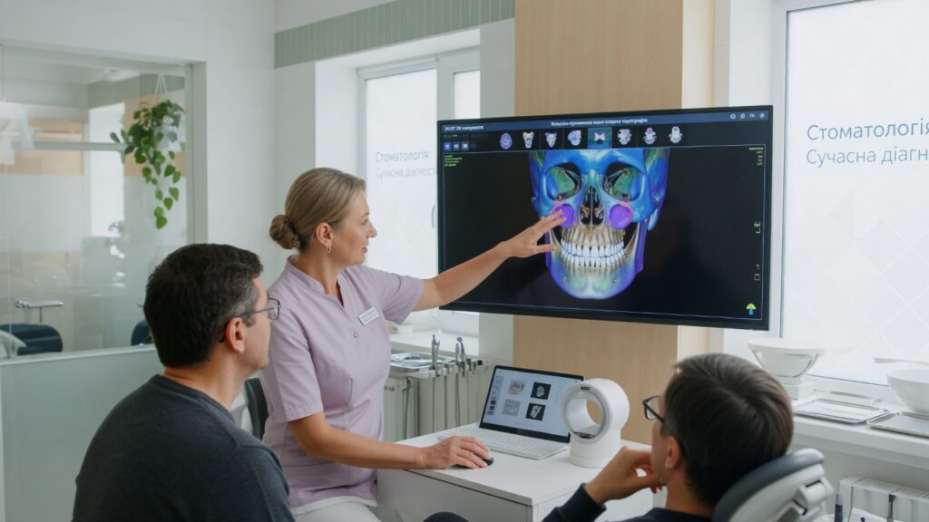 Стоматолог объясняет пациентам 3D-снимок челюсти на экране