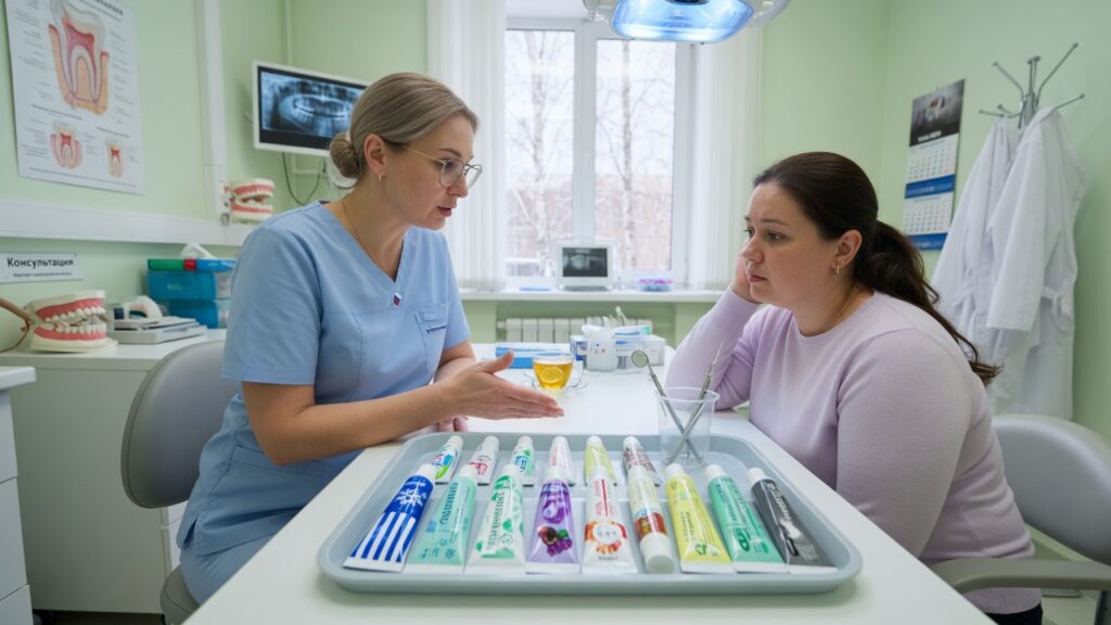 Стоматолог обсуждает с пациенткой выбор зубных паст на подносе