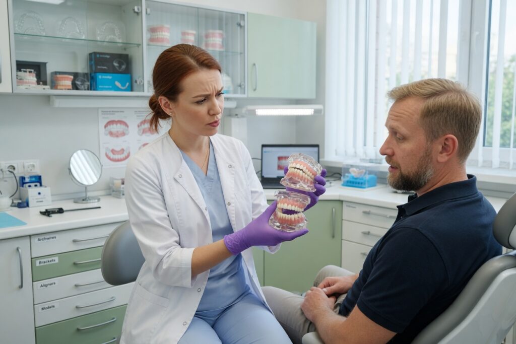 Ортодонт показывает мужчине модели челюстей с перекрёстным смыканием