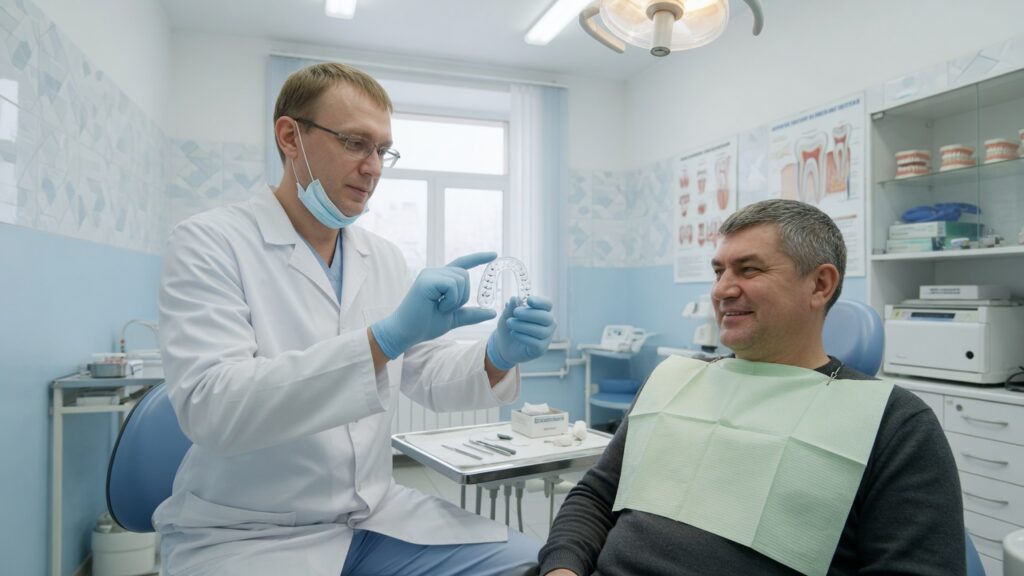 Стоматолог показывает пациенту прозрачную пластинку для прикуса