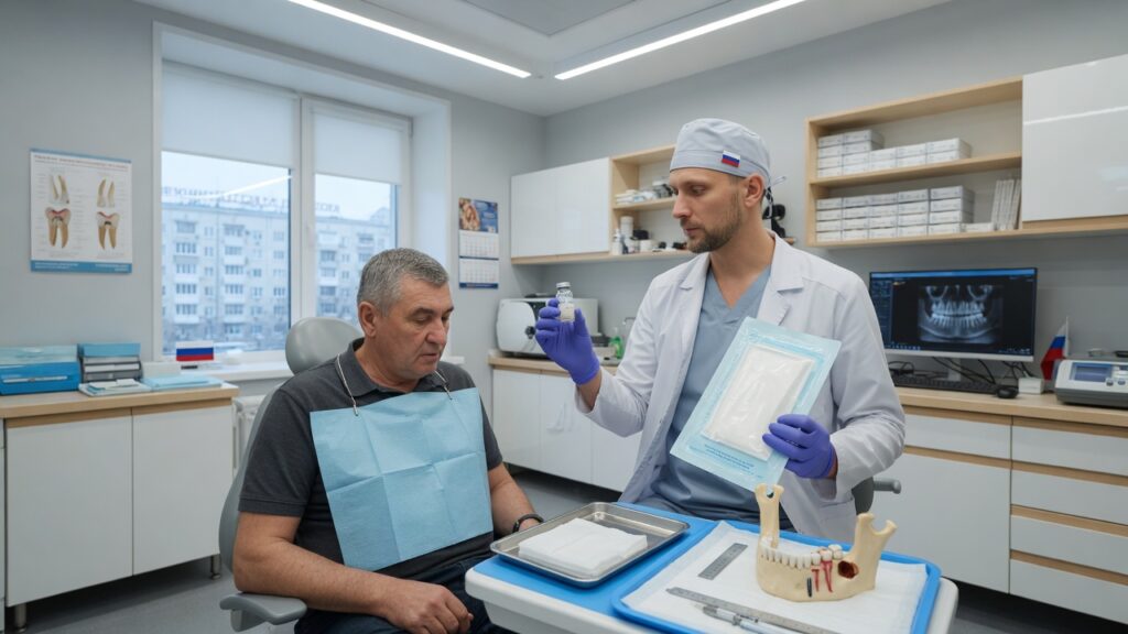 Имплантолог показывает пациенту материал для костной пластики и мембрану
