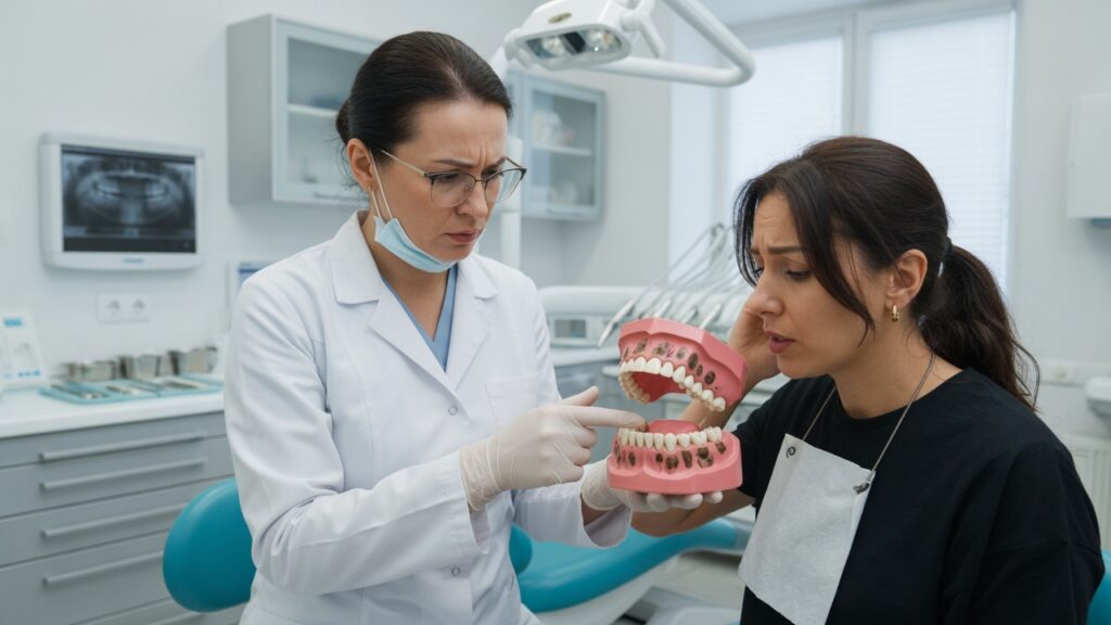 Стоматолог показывает пациентке модель десны с пигментацией