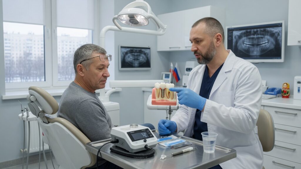 Имплантолог показывает модель импланта и прибор стабильности пациенту
