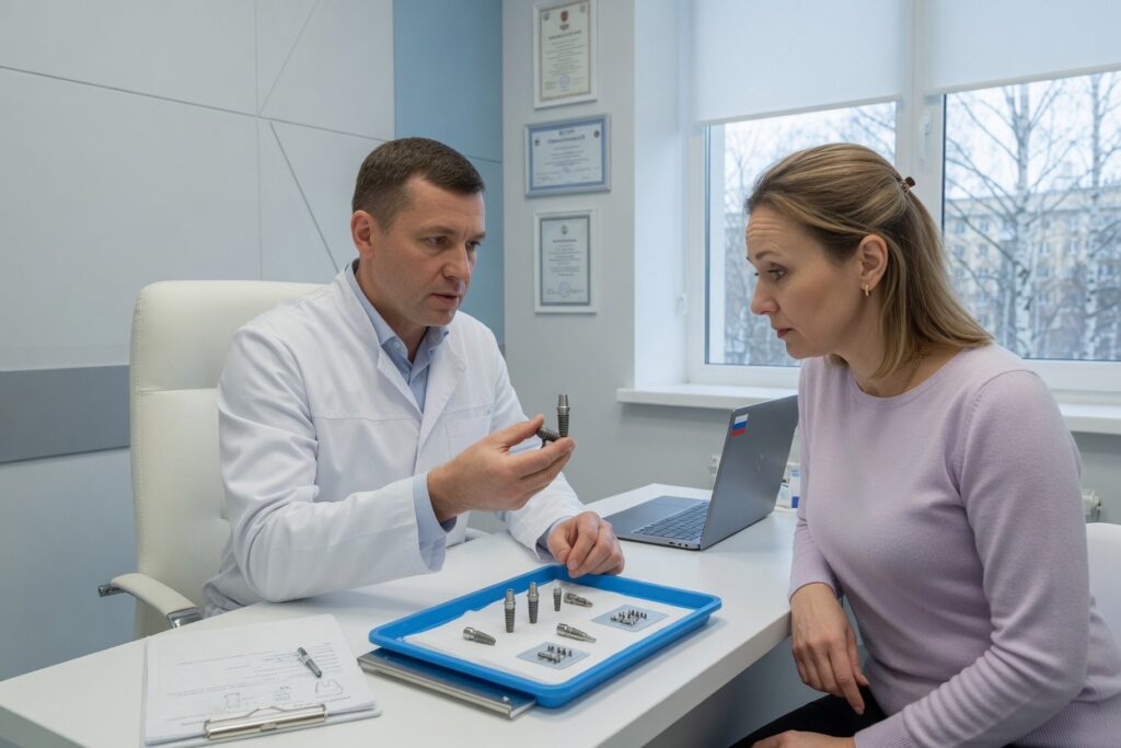 Имплантолог показывает пациентке имплант и абатмент реального размера на консультации