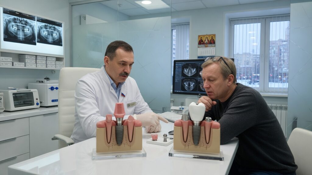 Имплантолог сравнивает на моделях этапы с заглушкой и с формирователем