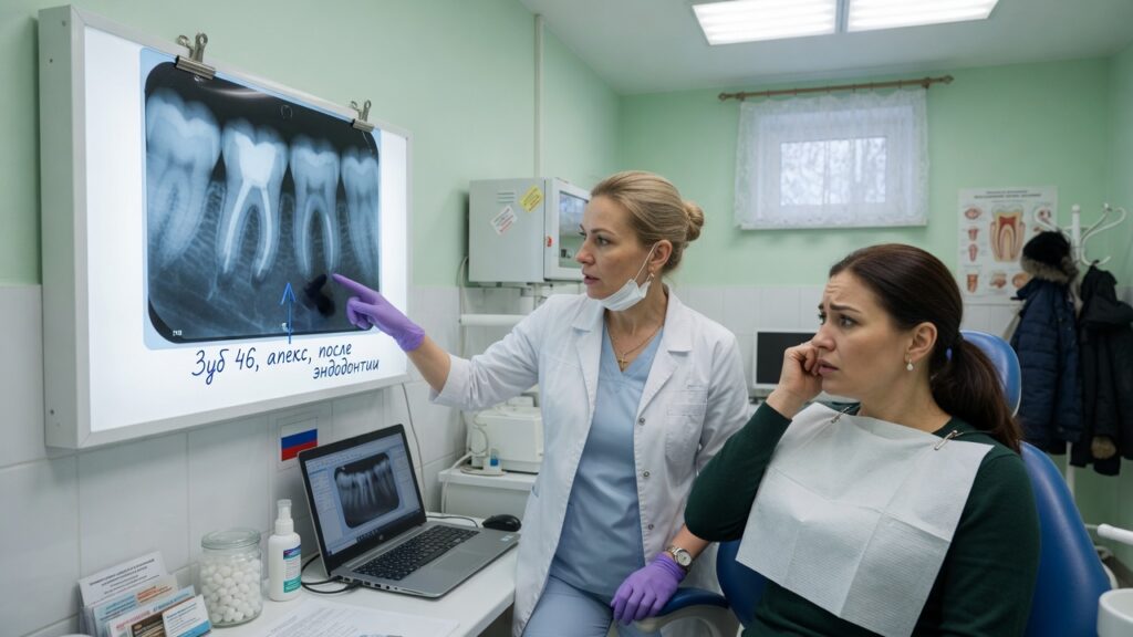 Стоматолог показывает пациентке снимок корня после лечения каналов