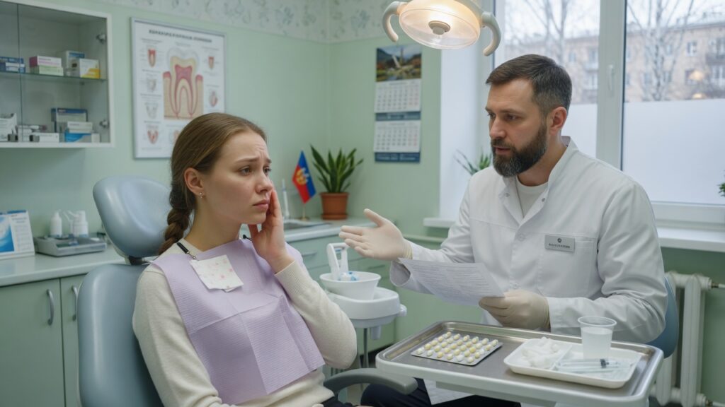 Стоматолог обсуждает обезболивающие с пациенткой после удаления зуба