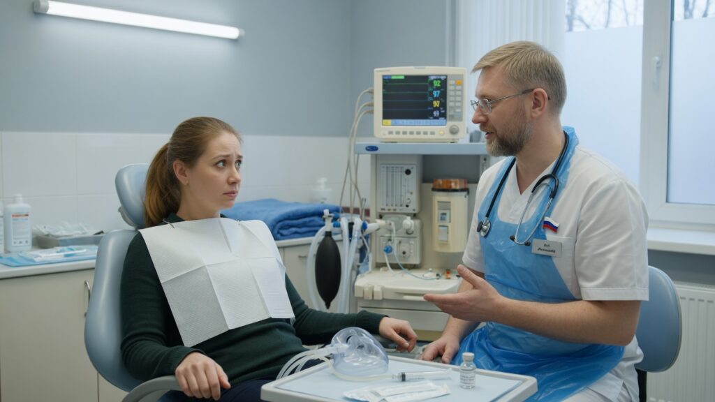 Врач обсуждает с тревожной пациенткой седацию перед лечением