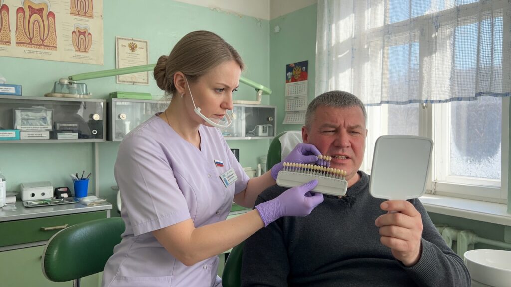 Стоматолог подбирает цвет зубов по шкале у пациента с зеркалом
