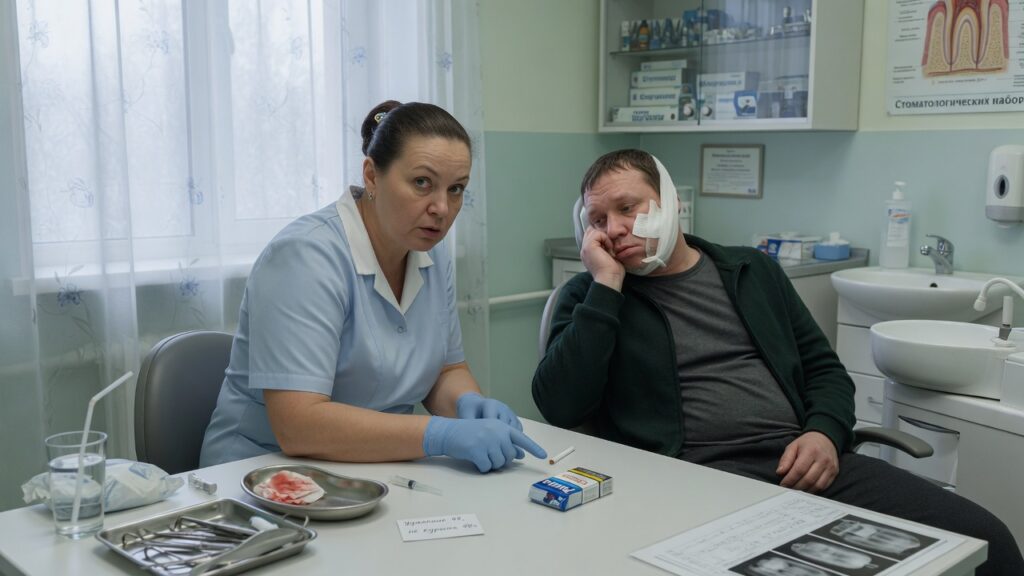 Стоматолог объясняет пациенту после удаления, почему нельзя курить
