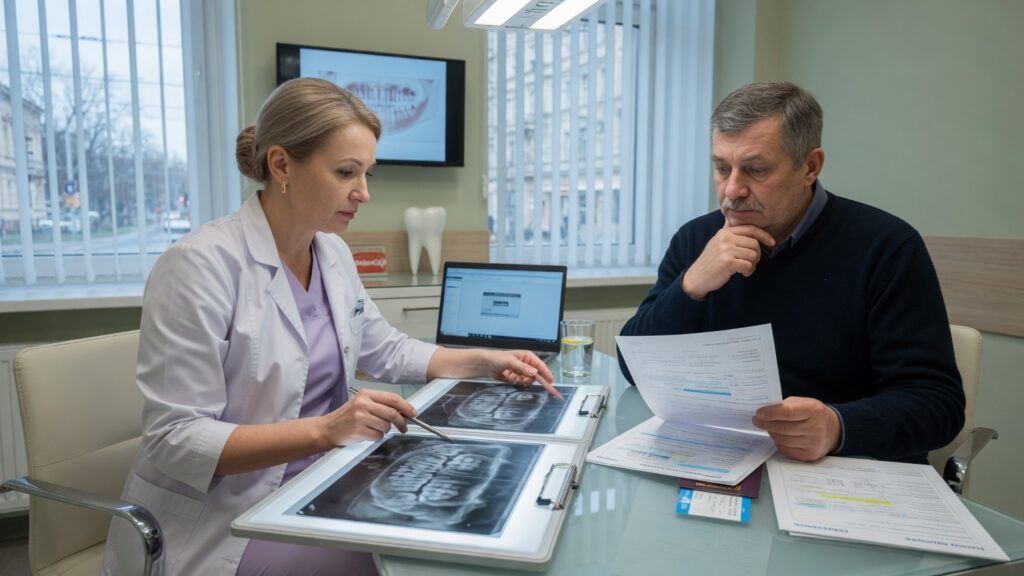 Врач разбирает снимки и документы перед решением о лечении