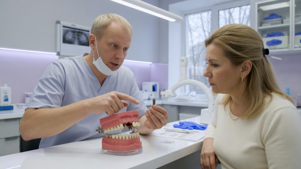 Врач показывает модель челюсти с отсутствием жевательных зубов и имплант