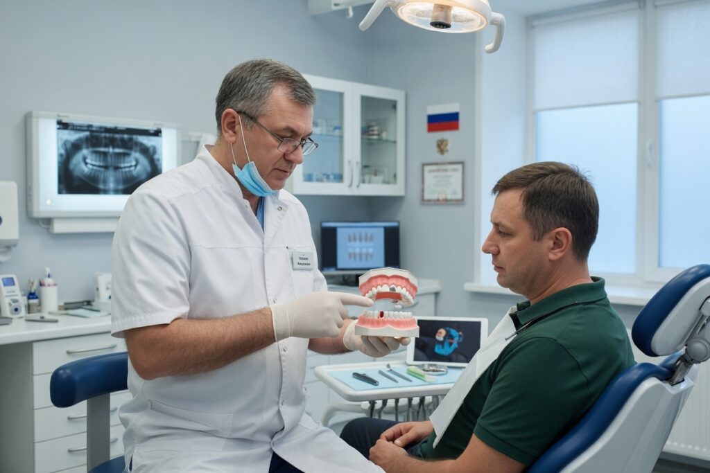 Врач на модели челюсти показывает пациенту зону отсутствующего зуба