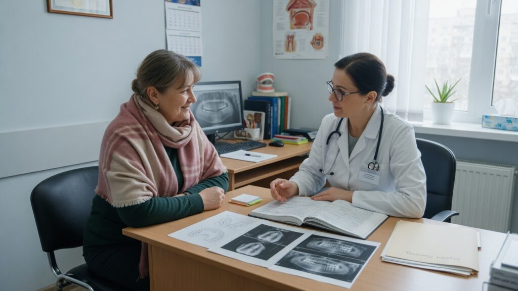 Пациентка обсуждает с врачом документы перед плановой операцией