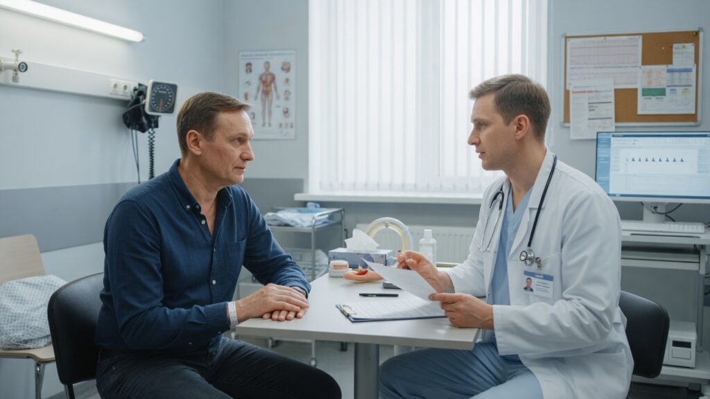 Пациент обсуждает анестезию с врачом