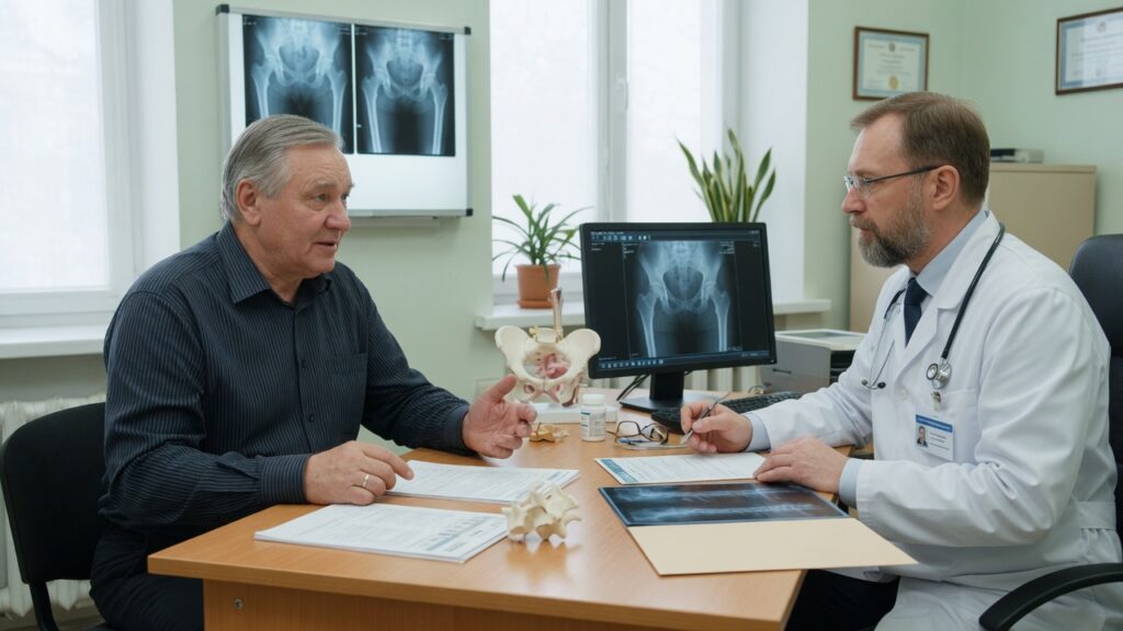 Пациент обсуждает здоровье костей с врачом