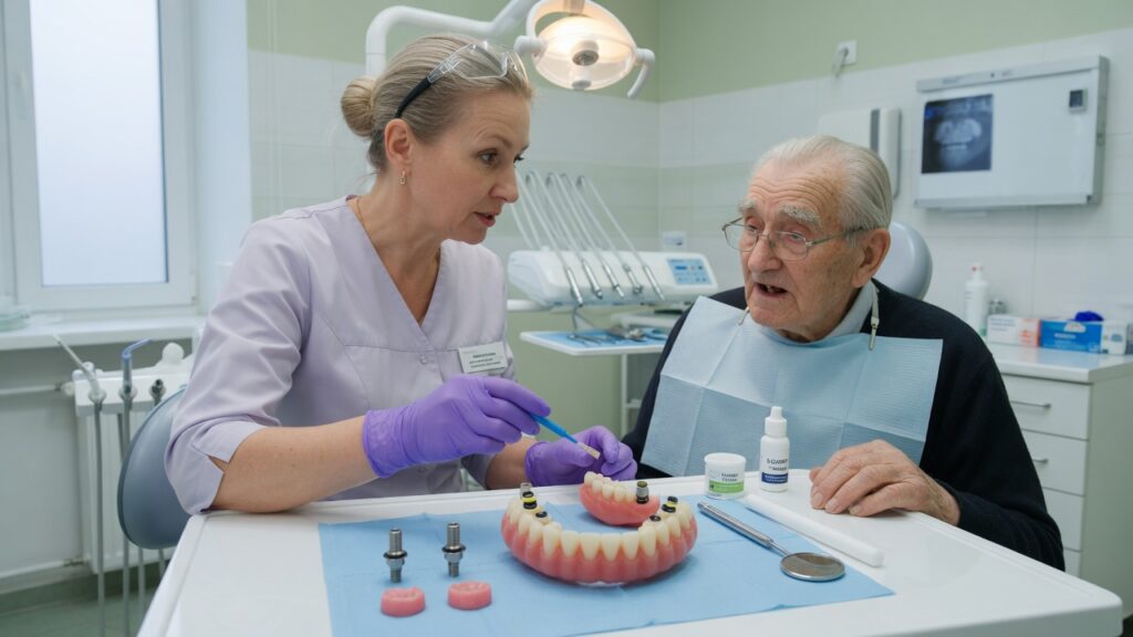 Врач показывает уход за overdenture на локаторах пожилому пациенту