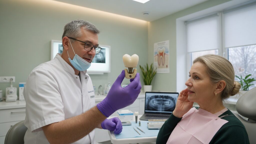 Ортопед показывает циркониевую коронку на имплант пациентке