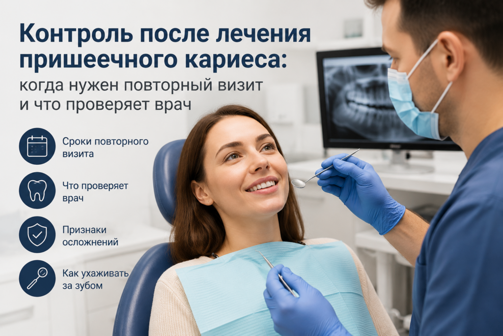 Стоматолог проводит контрольный осмотр после лечения пришеечного кариеса