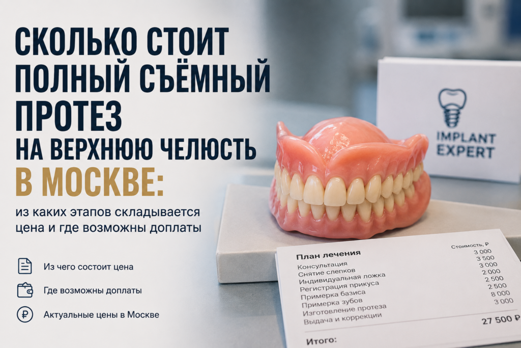 Полный съёмный протез на верхнюю челюсть и пример расчёта стоимости лечения в Москве